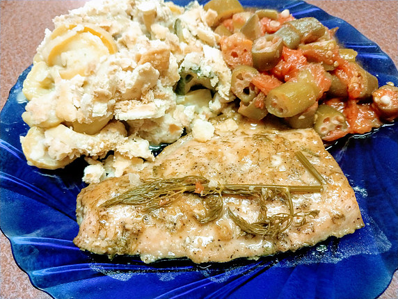 Brown Sugar Salmon recipe with okra and tomatoes and a healthy summer squash casserole.